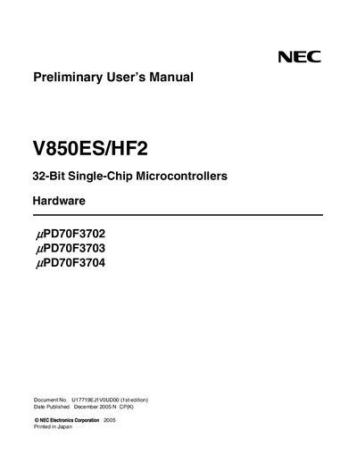 NEC V850ES/HF2 Preliminary User Manual - cover page