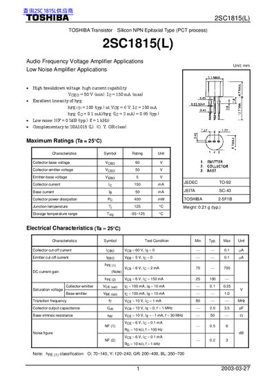 Toshiba 2SC1815(L) Transistor Datasheet - cover page