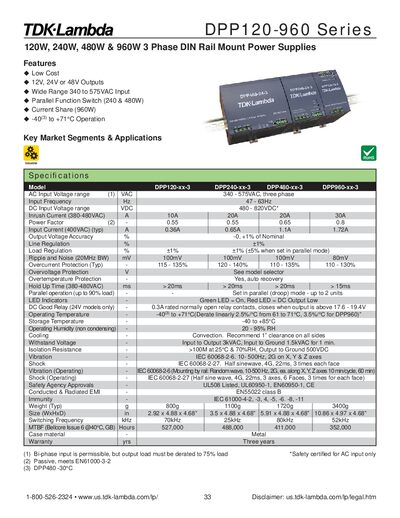 TDK-Lambda DPP120-960 Series Power Supplies Product Leaflet - cover page