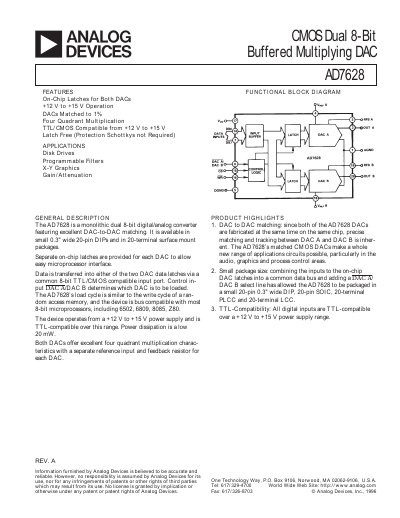 Analog Devices AD7628 Dual 8‑Bit Buffered Multiplying DAC Datasheet