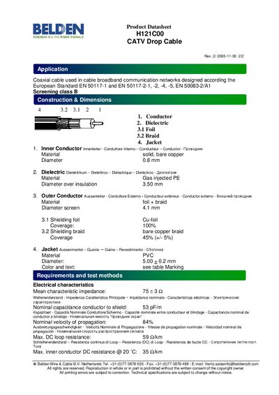 Belden H121C00 CATV Drop Cable Product Datasheet - cover page