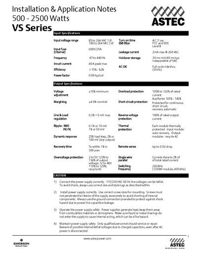 Astec VS Series Power Supply Installation Guide - cover page