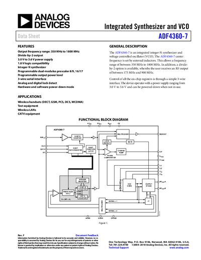 Analog Devices ADF4360-7 Integrated Synthesizer and VCO Data Sheet - cover page