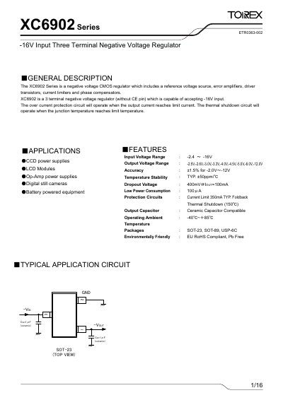 Torex XC6902 Series Negative Voltage Regulator Datasheet - cover page