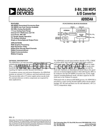 Analog Devices AD9054A 8‑Bit ADC Datasheet - cover page