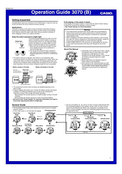 Casio 3070(B) Watch Operation Guide - cover page