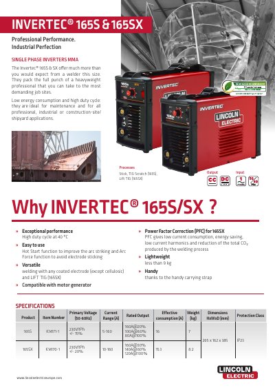 Lincoln Electric Invertec 165S & 165SX Inverter Welder Product Leaflet