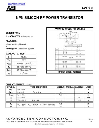 ASI AVF350 NPN Silicon RF Power Transistor Datasheet - cover page