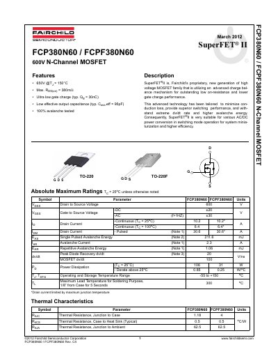 FAIRCHILD FCP380N60 FCPF380N60 Manual - cover page