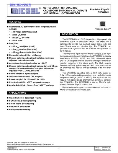 Micrel SY58024U Ultra-Low Jitter Dual 2x2 Crosspoint Switch Datasheet - cover page