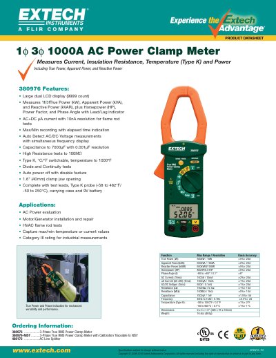 EXTECH 480172 AC Power Clamp Meter Datasheet - cover page