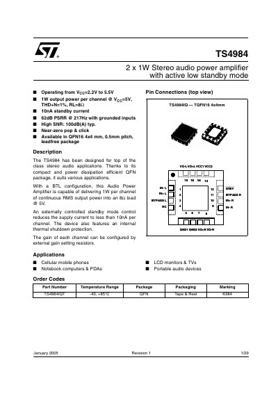 STMicroelectronics TS4984 Stereo Audio Power Amplifier Datasheet