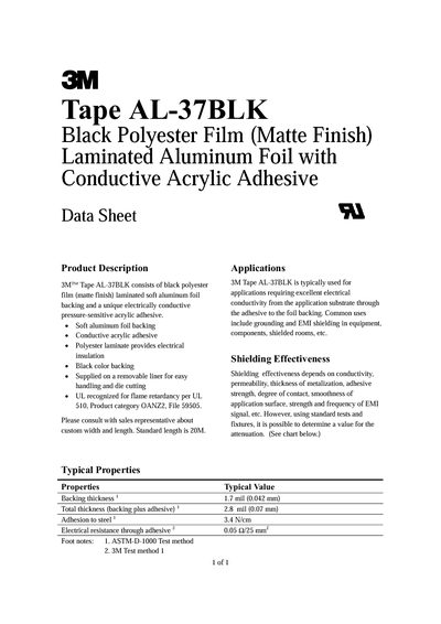 3M AL-37BLK Black Polyester Film Tape Data Sheet - cover page