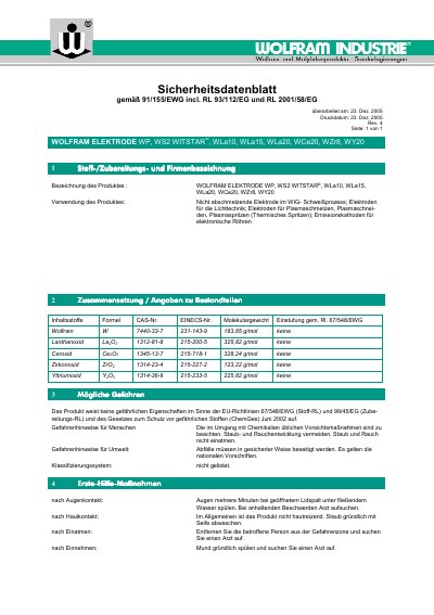Wolfram WP WS2 WITSTAR WLa20 WCe20 Tungsten Electrodes Safety Data Sheet - cover page