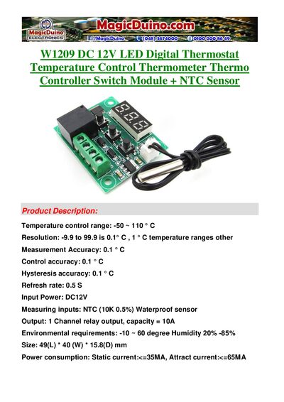 W1209 DC 12V LED Digital Thermostat User Manual - cover page