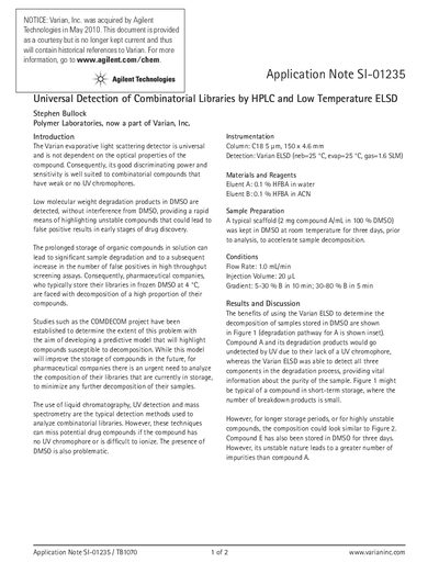 Varian Application Note SI-01235 Universal Detection of Combinatorial Libraries by HPLC and Low Temperature ELSD - cover page