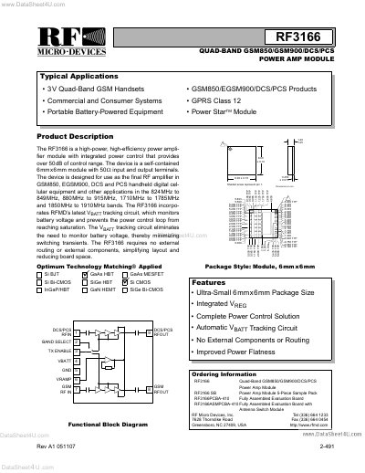 RF Micro Devices RF3166 Quad-Band GSM Power Amp Module Datasheet - cover page