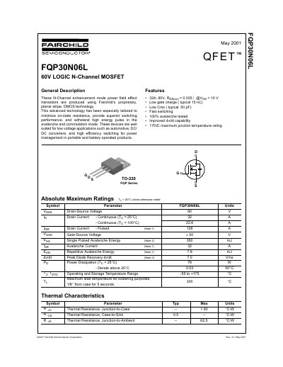 Fairchild Semiconductor FQP30N06L 60V Logic N-Channel MOSFET Datasheet