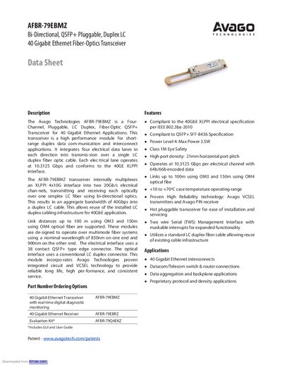 Avago Technologies AFBR-79EBMZ 40 Gigabit Ethernet Fiber-Optics Transceiver Data Sheet
