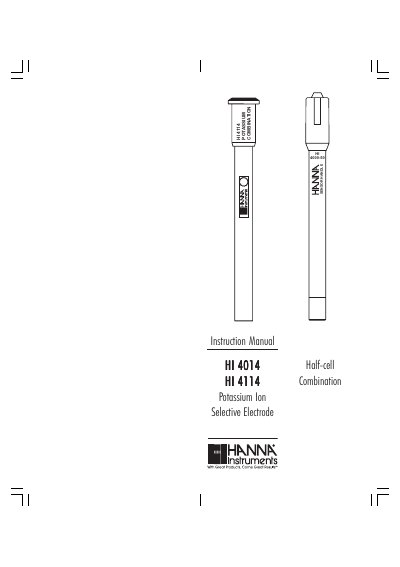 Hanna Instruments HI 4014 and HI 4114 Potassium Ion Selective Electrode Instruction Manual - cover page