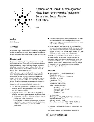 Agilent Application of LC/MS to Sugar Analysis - cover page