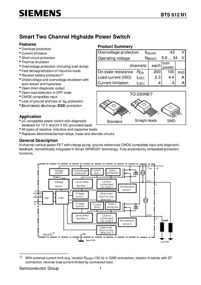 Siemens BTS 612 N1 Smart Two Channel Highside Power Switch Handbook - cover page