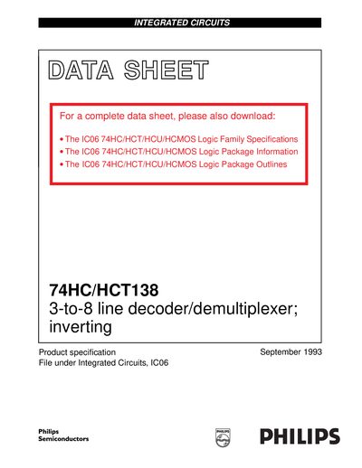 Philips 74HC/HCT138 3-to-8 Line Decoder/Demultiplexer Datasheet - cover page