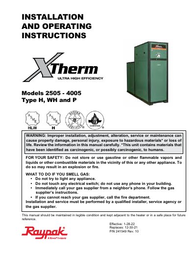 Raypak XTherm Ultra High Efficiency Installation and Operating Instructions Models 2505-4005 - cover page