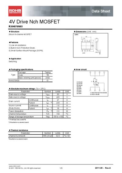 ROHM RXH070N03 MOSFET Datasheet - cover page