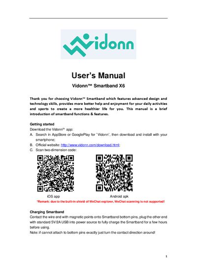 Vidonn Smartband X 6 User Manual - cover page
