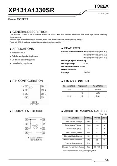 Torex XP131A1330SR Power MOSFET Datasheet - cover page