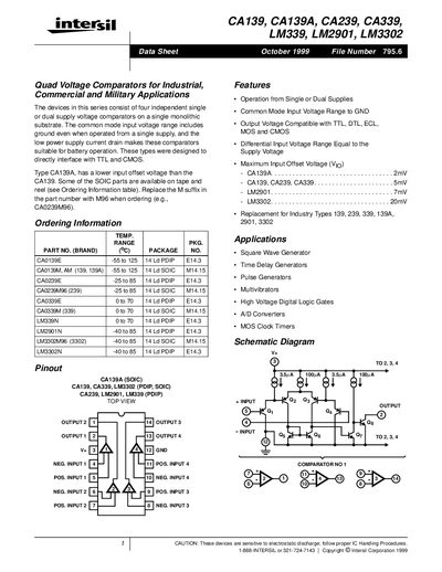 Intersil CA139, CA139A, CA239, CA339, LM339, LM2901, LM3302 Datasheet - cover page
