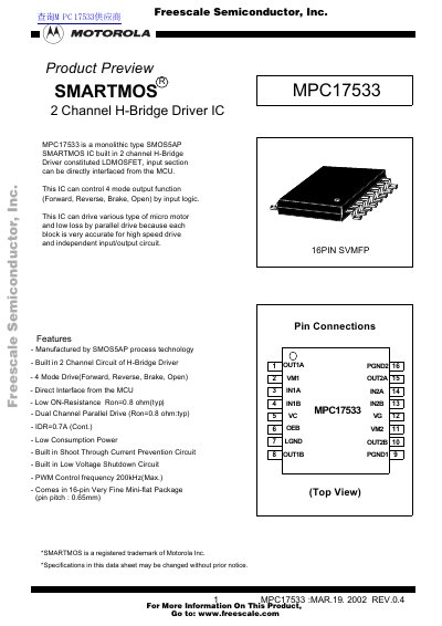 Freescale MPC17533 2-Channel H-Bridge Driver IC Datasheet - cover page