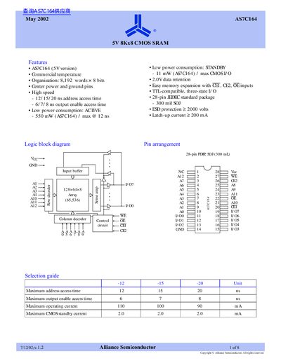 Alliance Semiconductor AS7C164 SRAM Datasheet - cover page