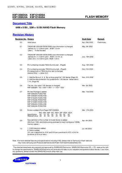 Samsung K9F1208D0A / K9F1208U0A / K9F1216D0A / K9F1216U0A NAND Flash Memory Datasheet - cover page