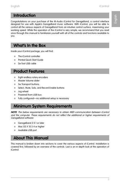 M-Audio iControl for GarageBand User Manual - cover page