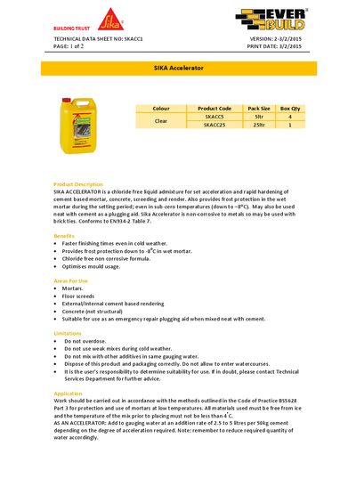 Sika SKACC1 Accelerator Technical Data Sheet - cover page