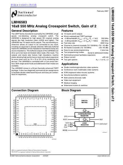 National Semiconductor LMH6583 16x8 550 MHz Analog Crosspoint Switch Datasheet - cover page