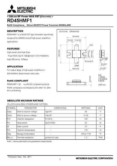Mitsubishi RD45HMF1 Silicon RF Power MOSFET Datasheet - cover page