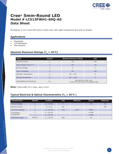 Cree LC513FWH1-60Q-A0 5mm Round LED Datasheet - cover page