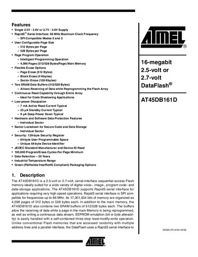 Atmel AT45DB161D DataFlash Datasheet - cover page