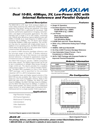 MAXIM MAX1183 Dual 10-Bit 40Msps 3V Low-Power ADC with Internal Reference Parallel Outputs handbook - cover page