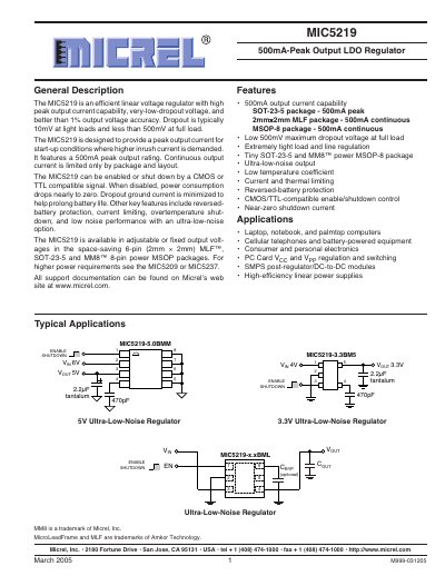 Micrel MIC5219 500mA Peak Output LDO Regulator Datasheet - cover page