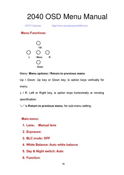 Sony 600TVL CCTV Camera OSD Menu Manual - cover page