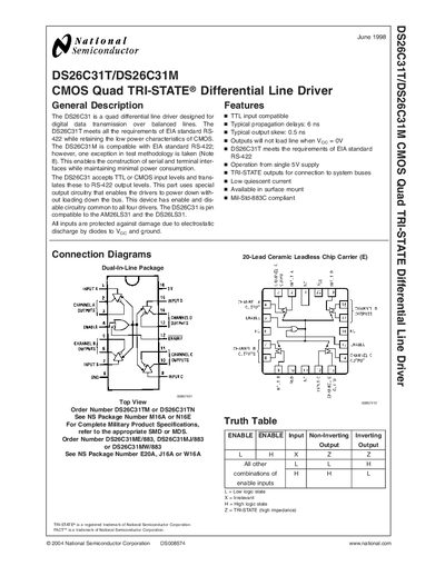 National Semiconductor DS26C31T/DS26C31M CMOS Quad Tri‑State Differential Line Driver Datasheet - cover page