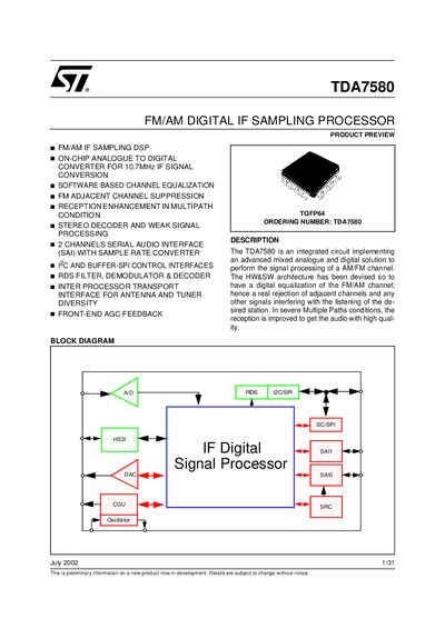 STMicroelectronics TDA7580 FM/AM Digital IF Sampling Processor Handbook - cover page