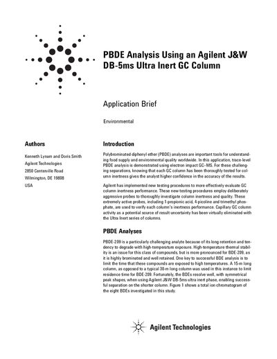 Agilent J&W DB-5ms Ultra Inert GC Column PBDE Analysis Application Note - cover page