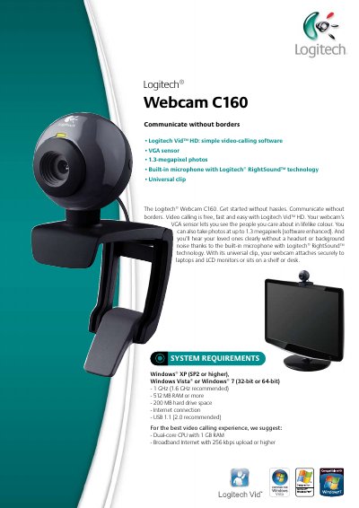 Logitech C160 Webcam User Guide - cover page