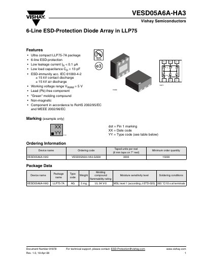 Vishay VESD05A6A-HA3 6-Line ESD-Protection Diode Array Datasheet - cover page