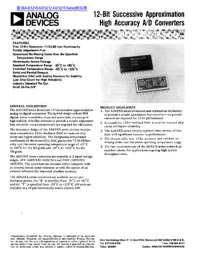 Analog Devices AD5210 Series 12-Bit A/D Converter Datasheet